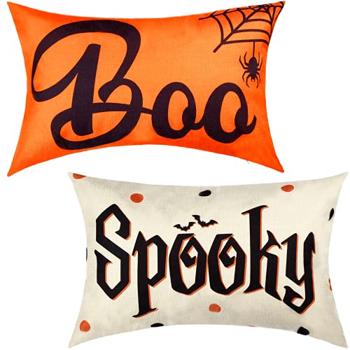 Halloween Pillow Covers Set - Spooky Boo Letter & Web Design, Linen Sofa Cushions, 20x12 Inches