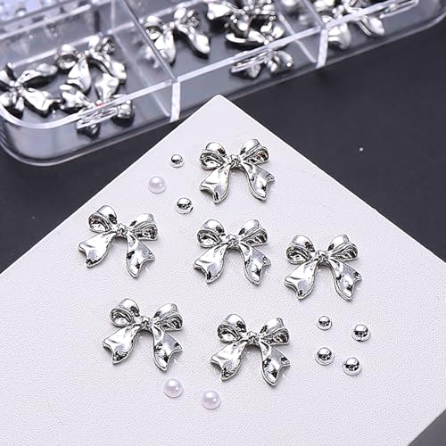 LYLYNB 3D Metal Bow Nail Charms with Pearls and Rhinestones - 6 Grid Box