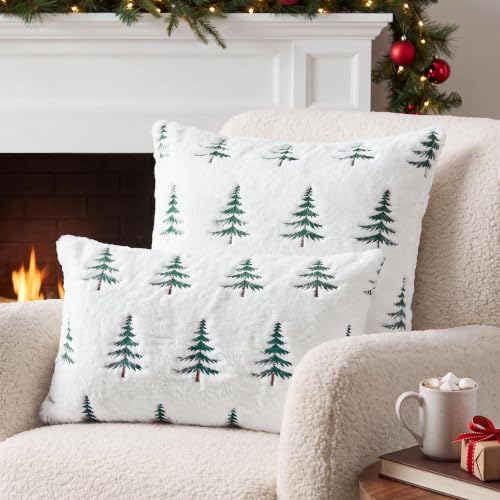White Faux Fur Christmas Pillow Covers 18x18 Inches Set of 2 - Embroidered Tree