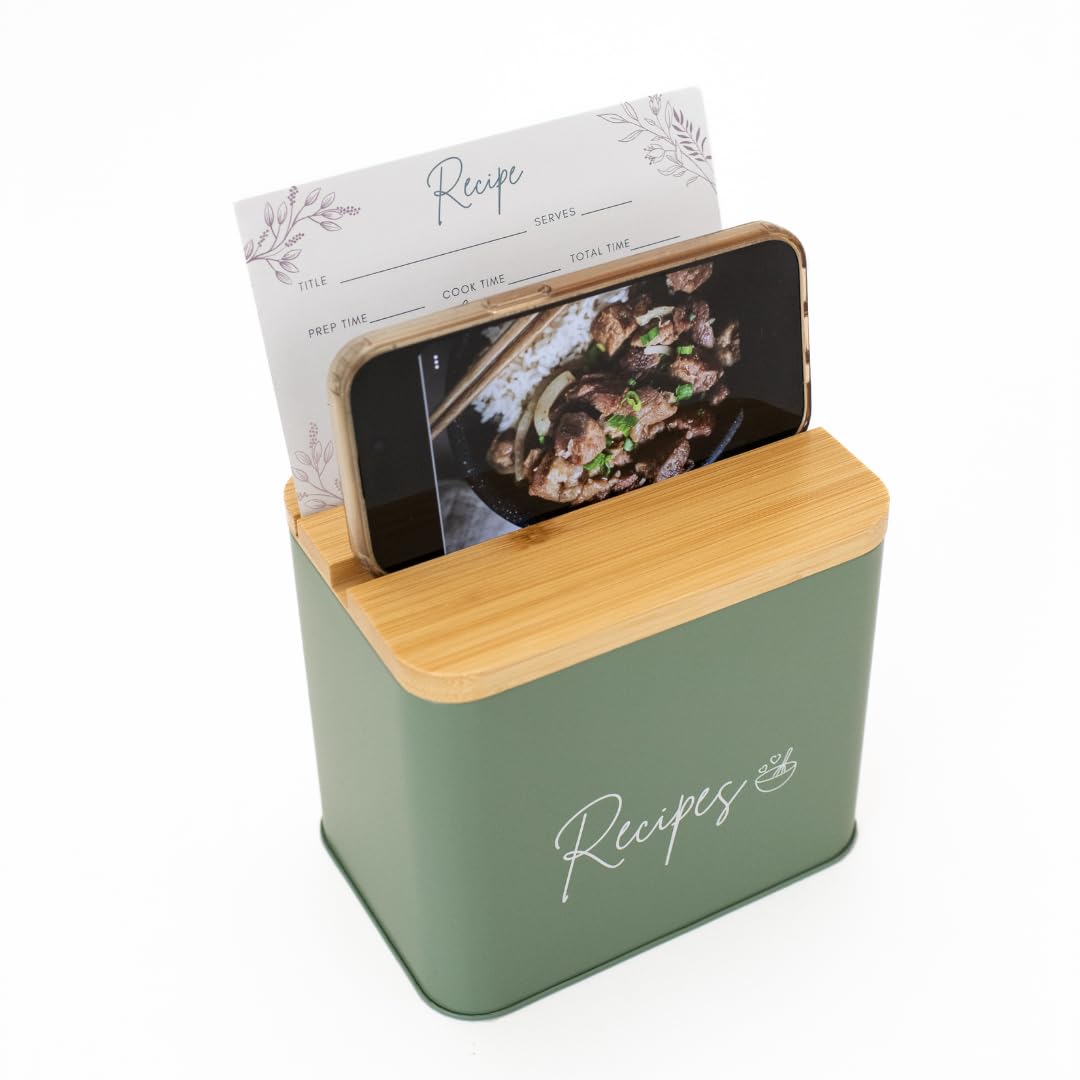 Sage Green Recipe Organizer with Wooden Lid - Set Includes 12 Dividers & 30 Blank 4 x 6" Recipe Cards