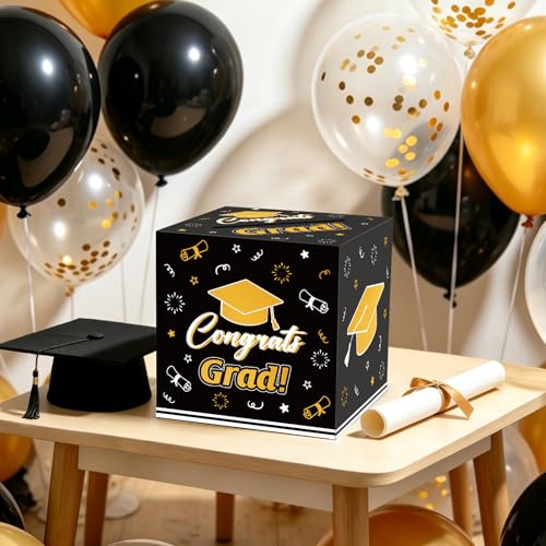 Lemicin Graduation Card Box Holder 2026 - Black & Gold Congrats Grad Party Decoration