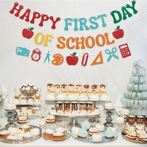Happy First Day of School Banner - Colorful Glitter Decor