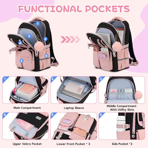 MUSEVOS Girls School Backpack - Large Water-Resistant Bookbag, Black Pink