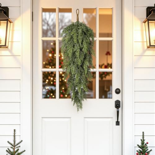 Artificial Christmas Teardrop Swag Set - 45 Leaves, 32 Inch Cedar Greenery Decor - 2 Pack