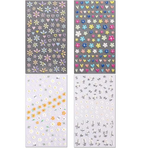 IDDFEVE 5D Embossed Daisy Nail Art Stickers - Self-Adhesive Floral Decals (4 Sheets)