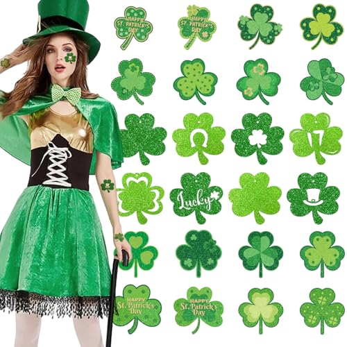 Furimuk St. Patrick's Day Glitter Shamrock Temporary Tattoos - 24 Pack