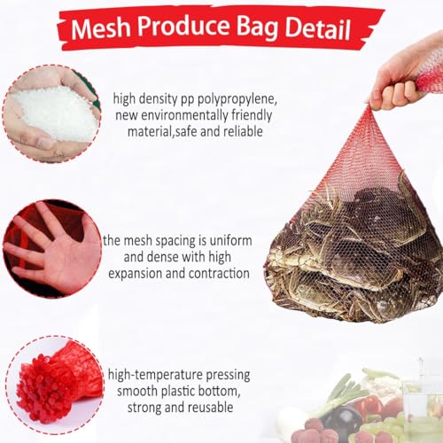 100Pcs Reusable Mesh Produce Bags, 16 Inch Stretchable Netting - Red