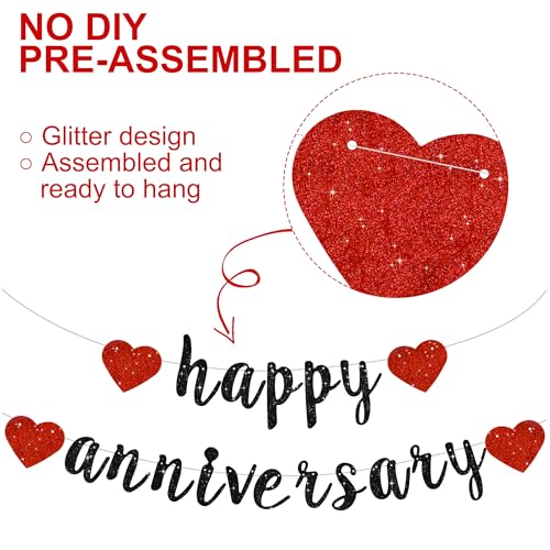 Glitter Happy Anniversary Banner Decoration - Black Red Pre-Strung