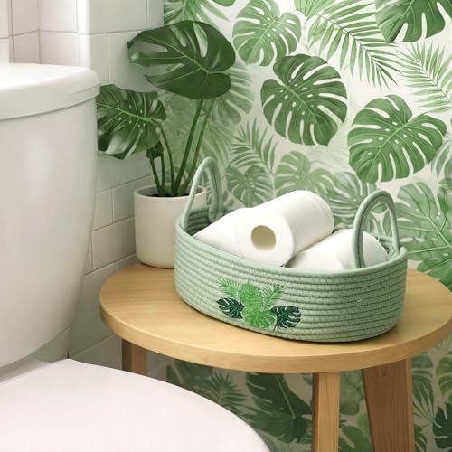 Vesici Grass Green Monstera Toilet Paper Basket - Boho Cotton Organizer