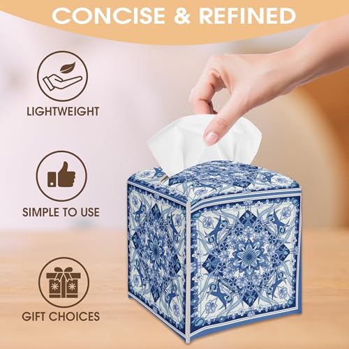 Boho Floral Tissue Box Cover Holder - Blue PU Leather Decor