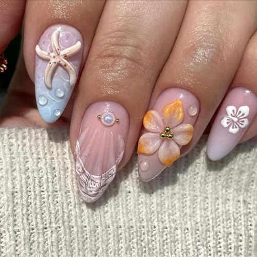 Short Almond Press On Nails Fall Flower French Tip Fake Nails 24Pcs