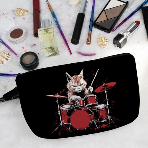 Cat Drummer Cute Makeup Bag Padded Cosmetic Organizer Zipper Pouch
