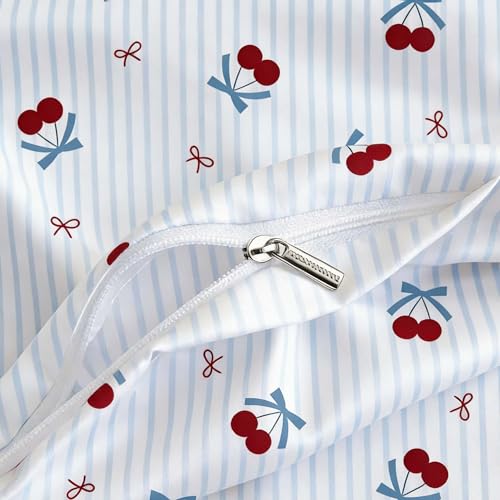 Nayoroom Queen Duvet Cover Set - Blue Striped Cherry Bow Bedding