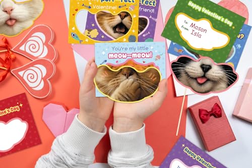 30 Cute Kitten Valentine's Day Cards for Kids with Envelopes & Stickers