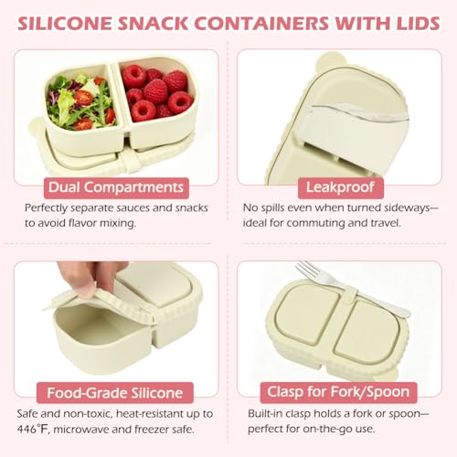 YQL 8 oz Silicone Snack Containers with Lids - 2 Pack, Pink & White