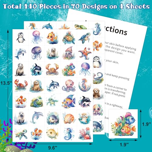 Fancy Land 140 Sea Creature Temporary Tattoos for Kids Ocean Party Favors