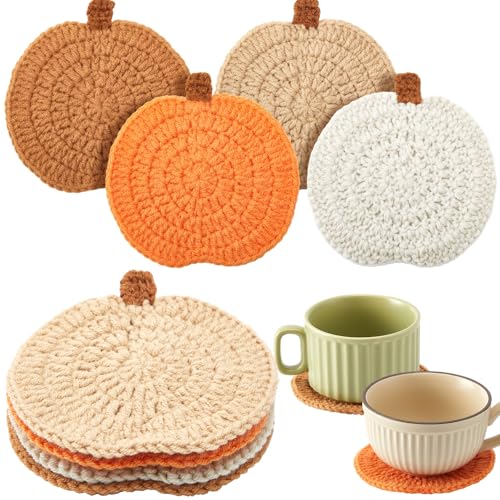Fall Crochet Pumpkin Coasters Set - 4 Pcs Autumn Drink Protectors in Orange, Brown, Terracotta, Beige