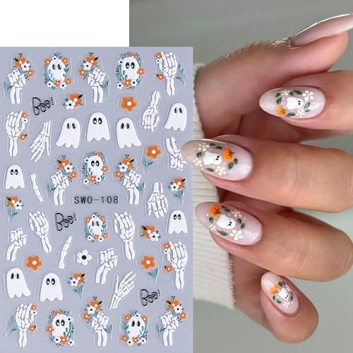 5D Embossed Halloween Nail Stickers Ghost Black Cat Nail Decals 4 Sheets
