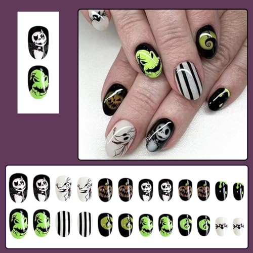 QUNQINLI Halloween Press on Nails Short Oval Ghost Pumpkin Bat False Nails