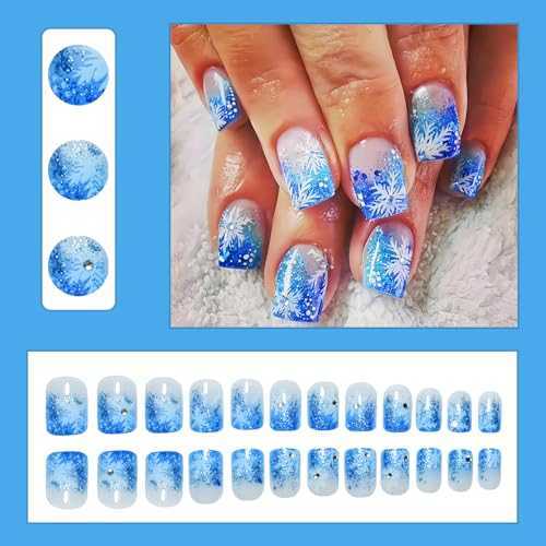 SHUXILIN Christmas Blue Press on Nails Short Square Glitter False Nails with Rhinestones