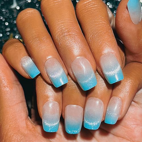 Blue Gradient Cat Eye Coffin Press on Nails - 30 Pcs Soft Gel Kit