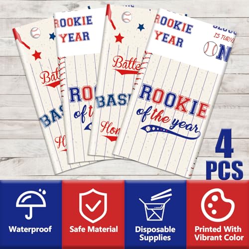 Rookie of the Year Baseball Tablecloths 4-Pack, 51x87 Inch Disposable Plastic Party Table Covers for Boys 1st Birthday