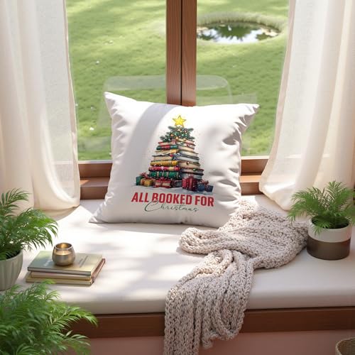 Christmas Book Tree Pillow Cover 18x18 - Book Lover Gift - 4 Color Options
