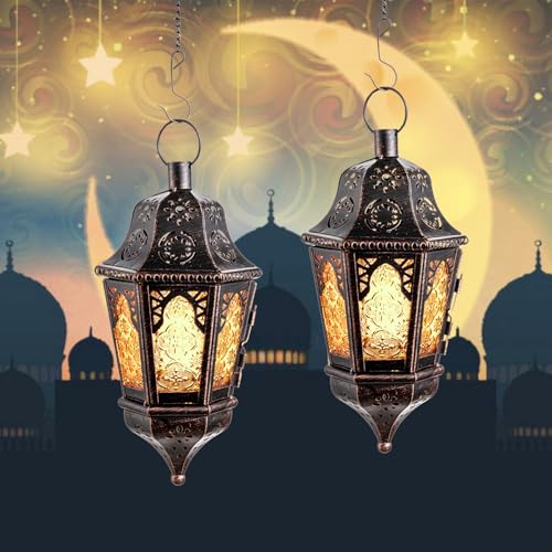 NEEDOMO Amber Moroccan Lantern 13.5-Inch Vintage Metal Candle Holder with Chain