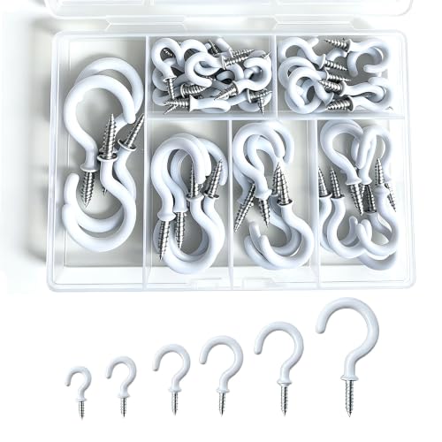White 50pcs Ceiling Hooks Set - 6 Sizes Heavy Duty Screw Hooks for Walls & Ceilings, JCKHXG
