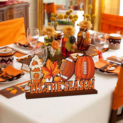 Fall Wooden Table Centerpiece Decor - Football, Pumpkin & Leaf Design, 11.8x6 Inches