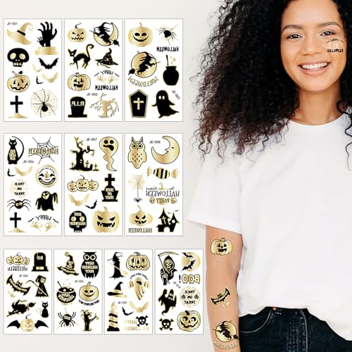 KSTBJN Halloween Temporary Tattoos Gold Fake Tattoo Set for Face and Body