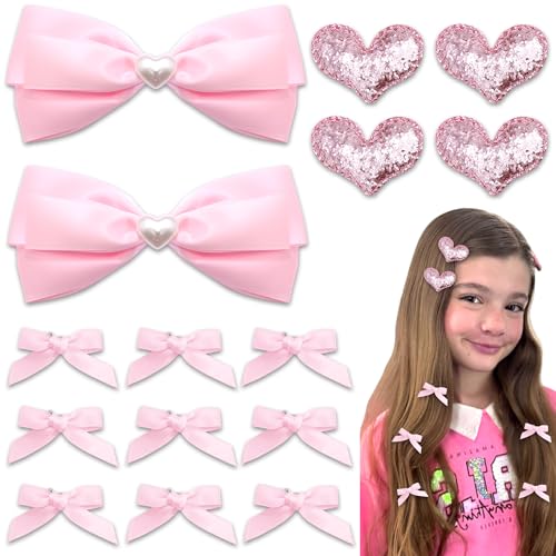 Pink Heart Hair Bows and Sequin Clips Set for Women and Teens