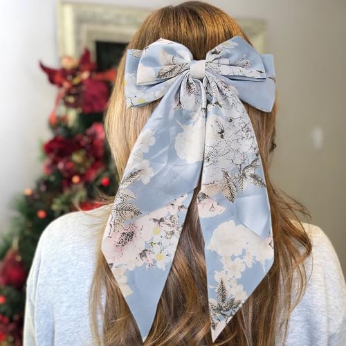 JazSwirl Blue Floral Hair Bow Clip Large Long Ribbon Hair Accessory
