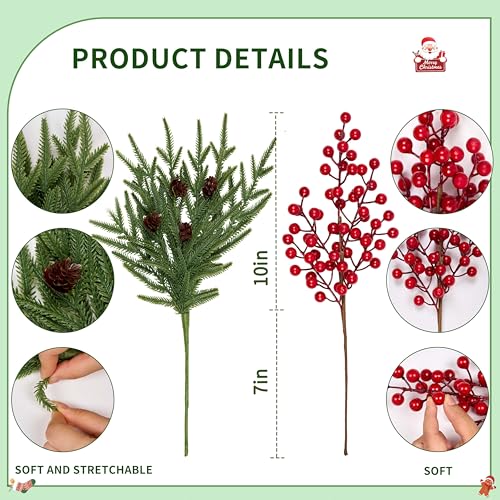 Artificial Norfolk Pine Branches with Red Berries - 12 Pack, 17.7" Christmas Decor