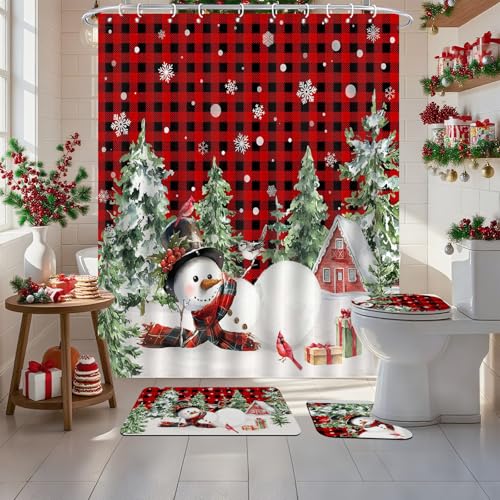 Christmas Shower Curtain Set with Snowman Pine Tree Bath Rugs & Toilet Lid Cover - Red 71" W x 71" L