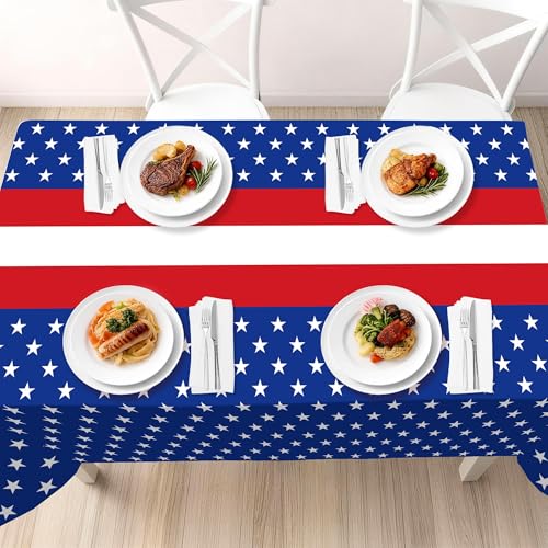 Childom 3-Pack Patriotic Disposable Plastic Tablecloths, 54"x108" Red & Blue