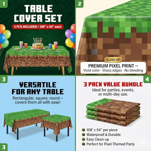 Pixel Gaming Birthday Party Tablecloth Set - 3 Pack with 50 Stickers