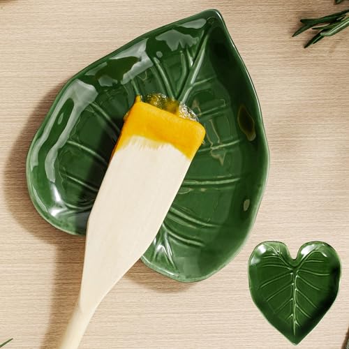 Leaf-Shaped Ceramic Spoon Rest for Kitchen Counter - 5.8"