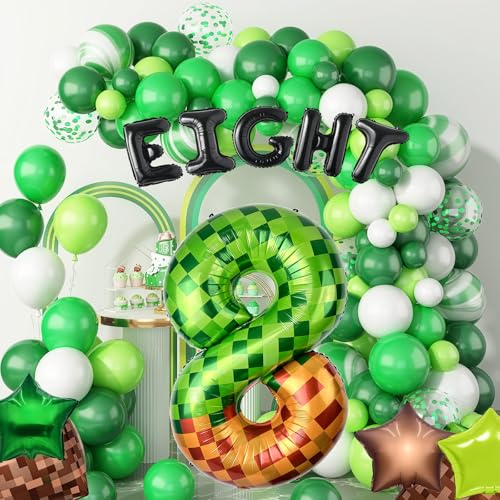 40" Green Pixel Miner Number 8 Balloon Set - 11Pcs Gaming Party Decor