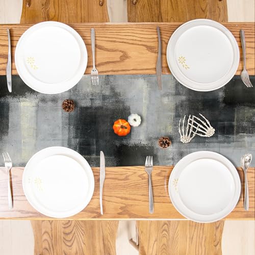 Black Grey Watercolor Table Runner 13x108 Inches - Durable Polyester Linen Blend