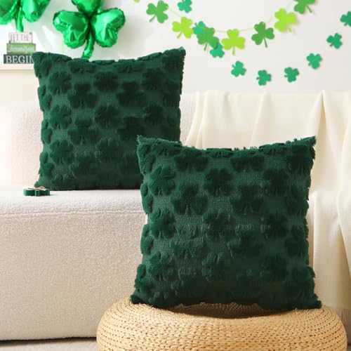 Set of 2 St. Patrick's Day Shamrock Pillow Covers - 18x18 Inch Dark Green Faux Fur
