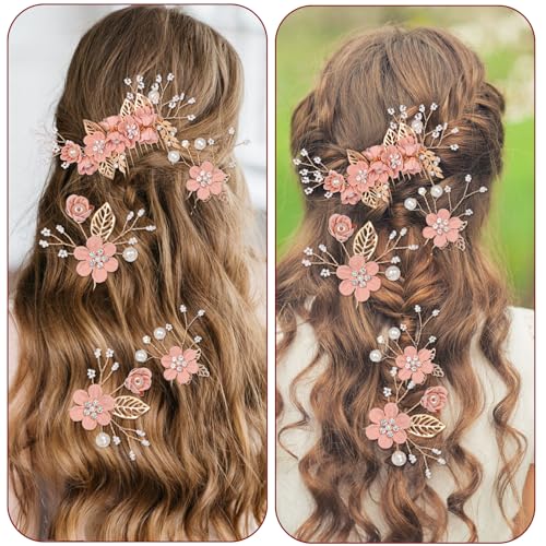 5-Piece Pink Bridal Hair Pins & Comb Set with Pearls and Rhinestones