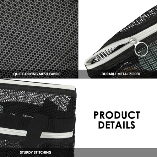 Small Black Mesh Shower Caddy with Zipper Pockets - Quick-Drying Portable Tote