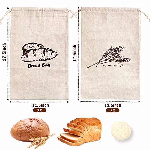 Reusable Linen Bread Bags - Set of 4, 17.5x11.5 Inches for Artisan Bread Storage