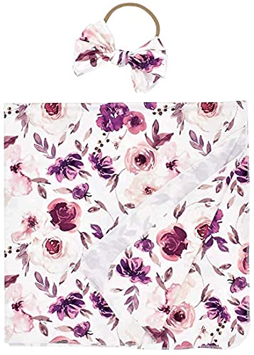 Purple Floral Newborn Swaddle Blanket and Matching Headband Set