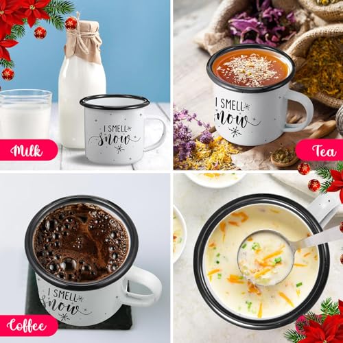 Set of 6 Enamel Christmas Mugs - Snowflake Winter Coffee Cups