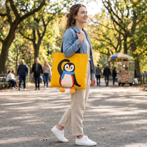 Qirrmiy 3D Penguin Canvas Tote Bag for Women - Reusable Shopping Bag