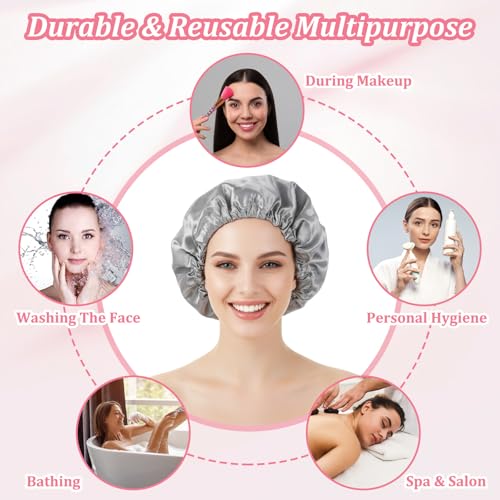 Reusable Shower Cap for Women, Waterproof Double Layer PEVA Bath Cap with Adjustable Drawstring