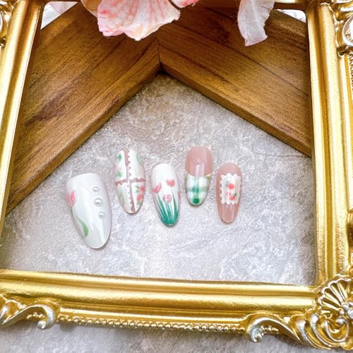 Green Plaid French Tip Press on Nails Medium Almond Fake Nails with Pearls