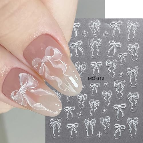 5D Bows Nail Art Stickers & Decals - Pink & White Embossed Bowknot Manicure